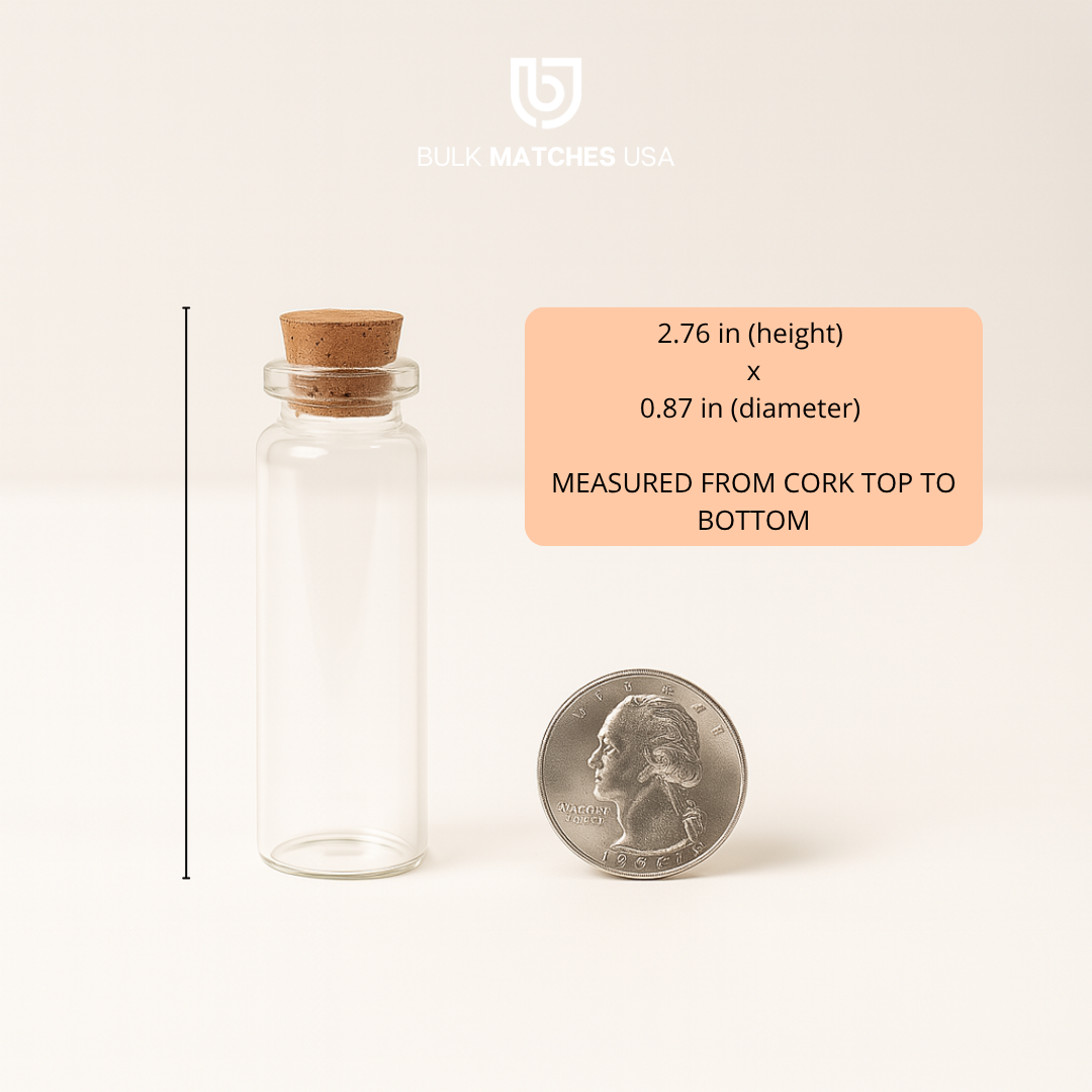 100 Empty Glass Bottles + Cork + Striker Paper – Fits 1.90” Matches